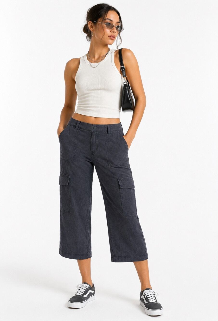 Coastal Beachy Eileen Fisher Women's Cargo Capri Pants Size 6 gray Organic Linen